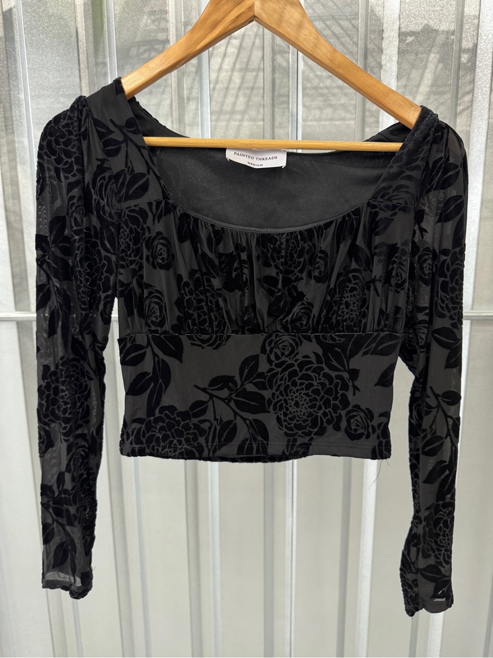 painted threads Black Floral Velvet Burnout Square Neck Crop Top